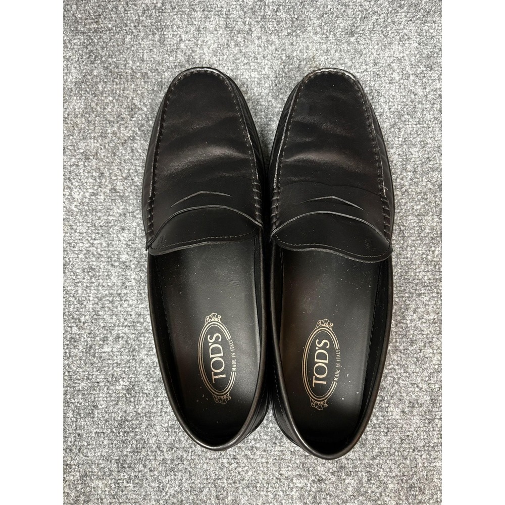 Tods Mens Black Leather Penny Loafers Slip On Rubber Sole 12 Made in Italy - Picture 4 of 9